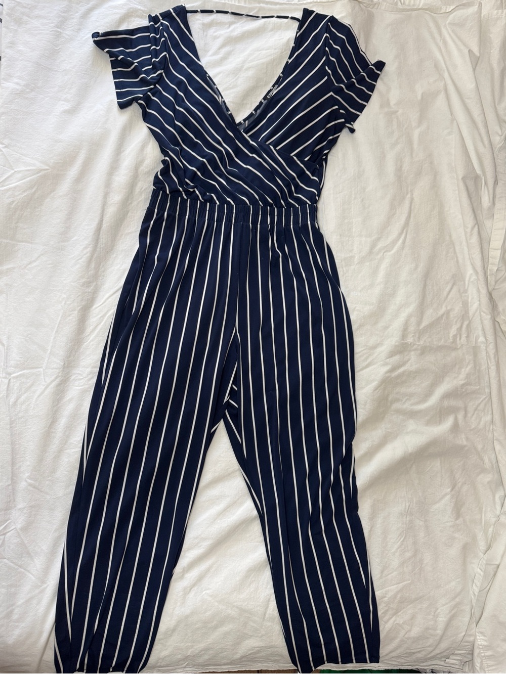 Express Navy & White Striped Surplice Jumpsuit